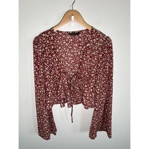Boho Cottage Forest Fairy Womens Top‎ S Red Floral Tie Front Flare Sleeves